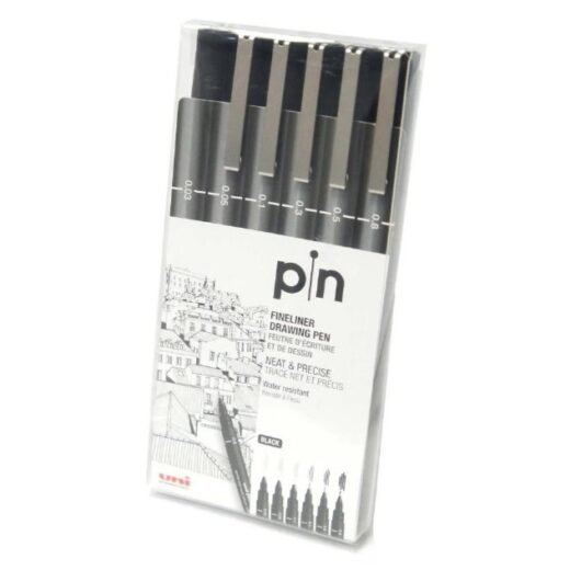 Caneta Nankin Uni-Pin Preta Descartável Estojo com 6 Unidades Uni-Ball